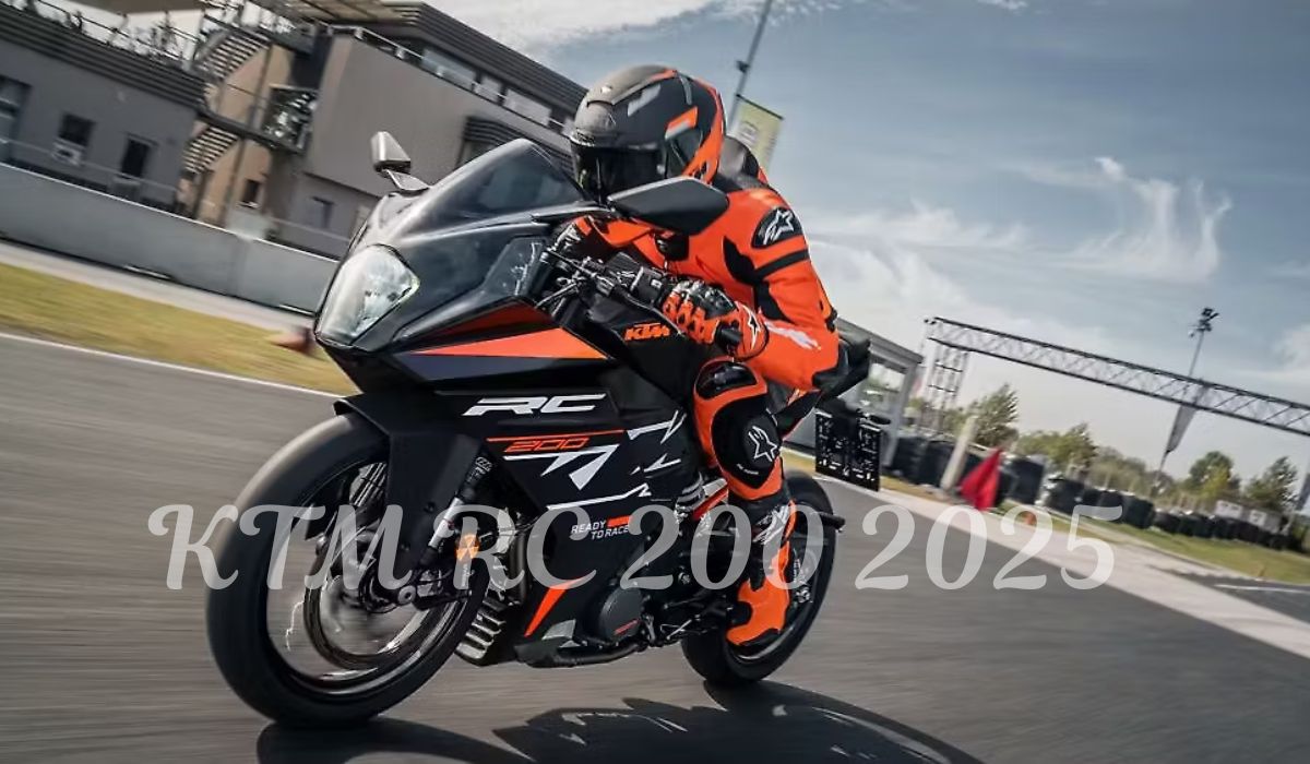 KTM RC 200 2025 side view showing orange fairing and LED headlights